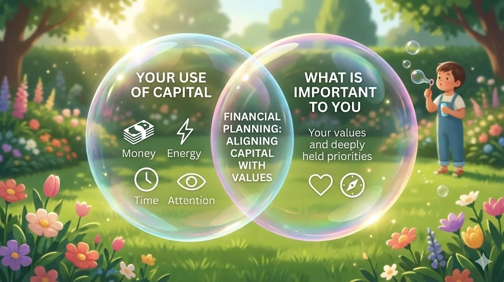 A Venn diagram overlapping 'Your Use of Capital' (Money, Energy, Time, Attention) with 'What Is Important to You,' your values and priorities. The overlap in the middle is labeled 'Financial planning: aligning capital with values.'