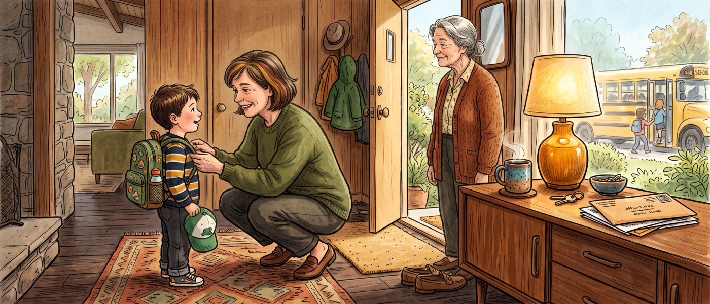 Illustration of a mother crouching in a wood-paneled entryway to straighten her young son's backpack straps on the first day of school, while his grandmother watches from the open front door and a yellow school bus waits outside.