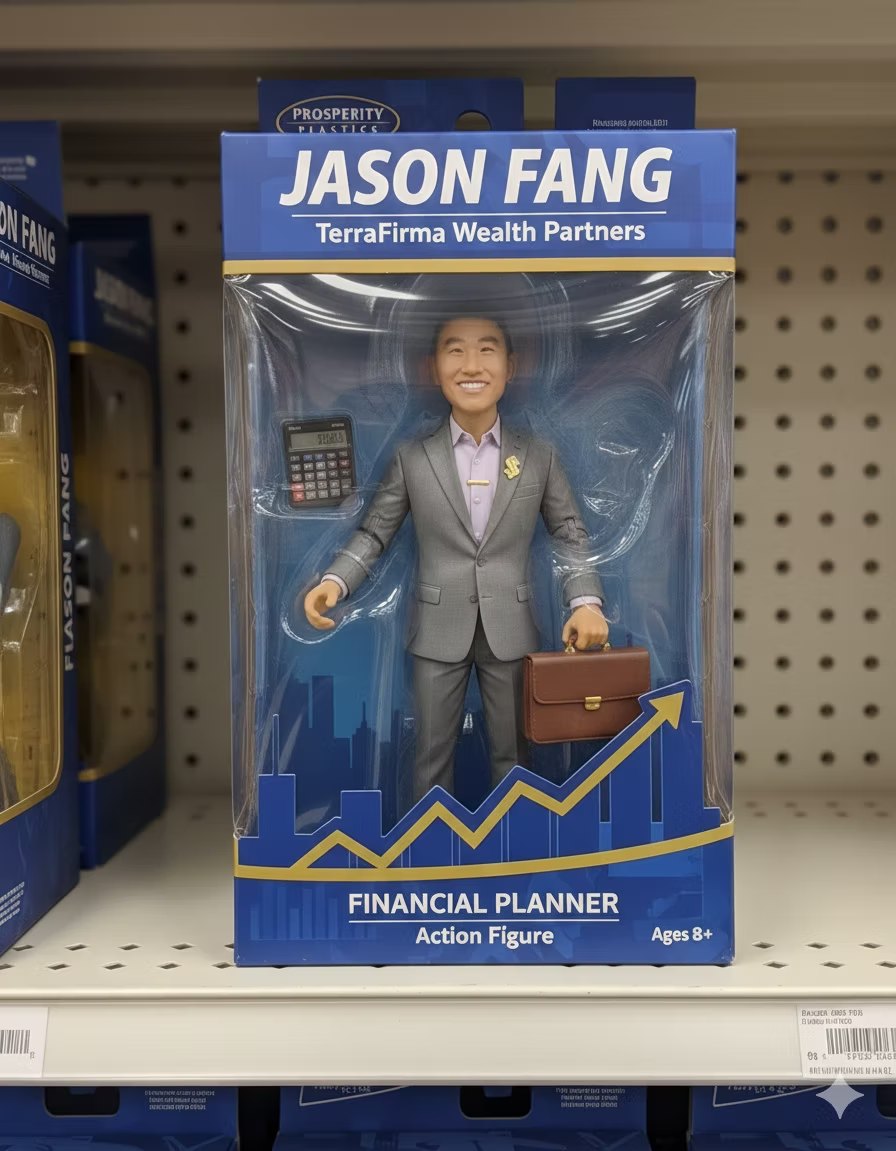 An AI-generated mockup of a boxed 'Jason Fang, Financial Planner' action figure holding a briefcase, branded 'Prosperity Plastics,' with a small Google Gemini watermark in the lower-right corner.