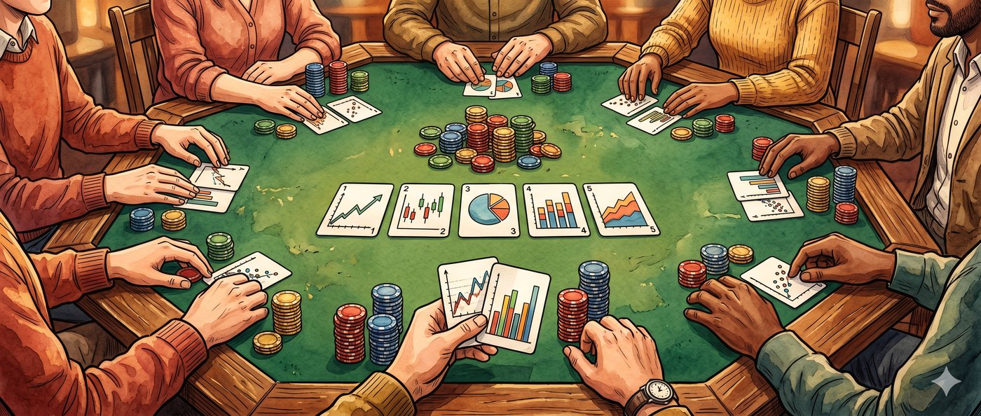 Illustration of several people playing cards around a green poker table, their hands holding cards printed with small stock charts.